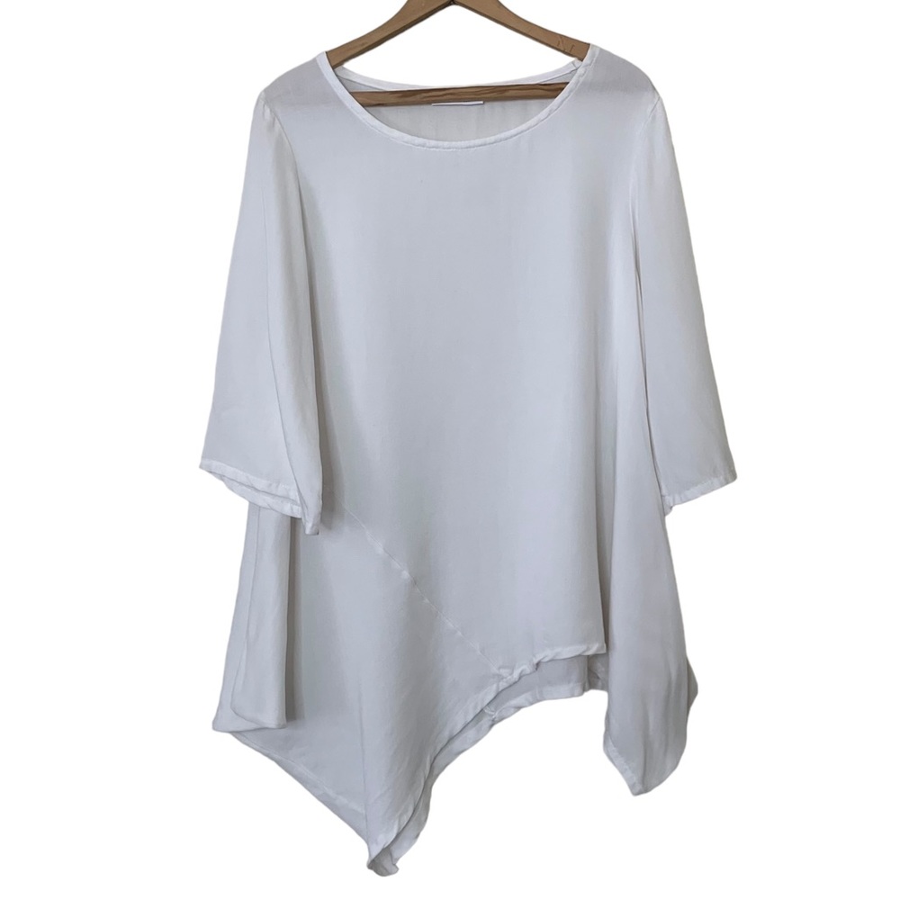 Bryn Walker White 3/4 Sleeve Lagenlook Tunic Top Relaxed Fit Asymmetrical Hem